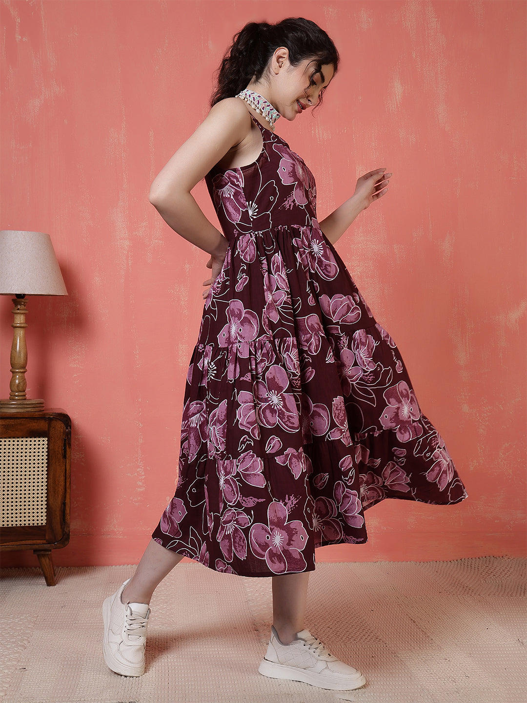 Burgundy Floral Printed Dress for Women | LASVINI - Redefining Indian Fashion with Elegance