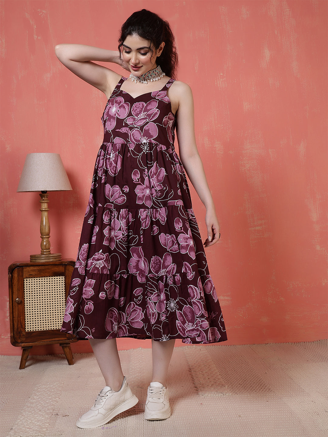 Burgundy Floral Printed Dress for Women | LASVINI - Redefining Indian Fashion with Elegance