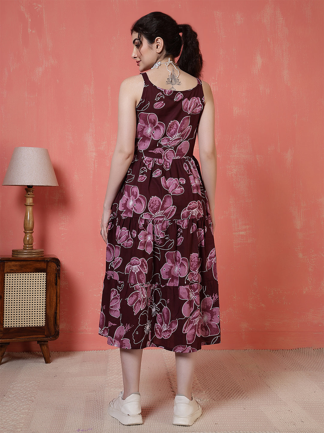 Burgundy Floral Printed Dress for Women | LASVINI - Redefining Indian Fashion with Elegance