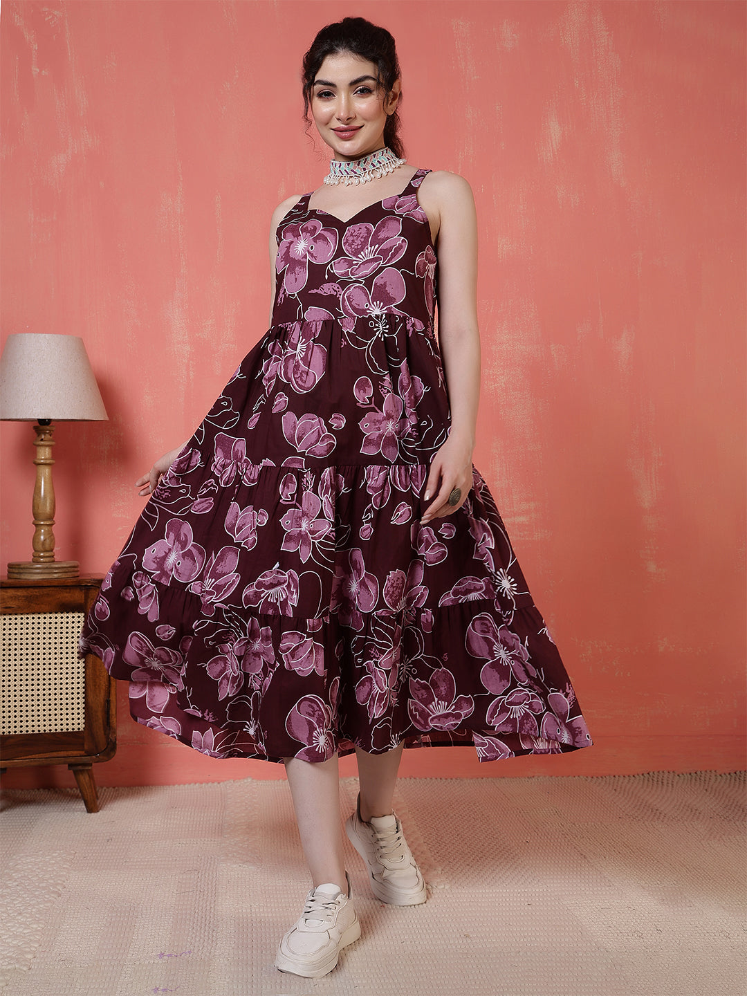 Burgundy Floral Printed Dress for Women | LASVINI - Redefining Indian Fashion with Elegance