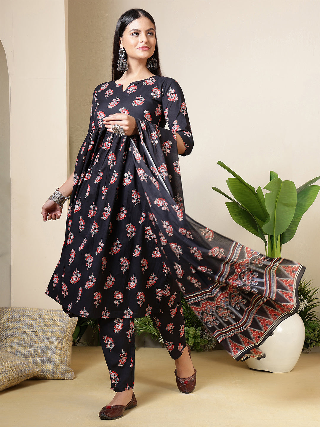 Black Printed Anarkali Kurta Set With Dupatta For Women | LASVINI - Redefining Indian Fashion with Elegance