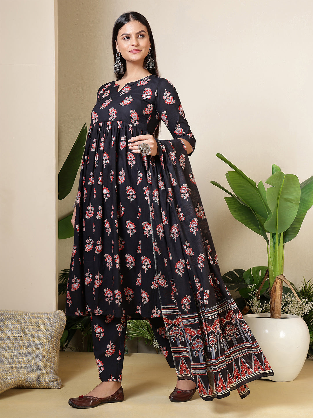 Black Printed Anarkali Kurta Set With Dupatta For Women | LASVINI - Redefining Indian Fashion with Elegance