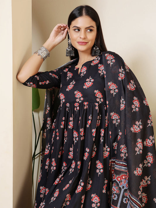 Black Printed Anarkali Kurta Set With Dupatta For Women | LASVINI - Redefining Indian Fashion with Elegance