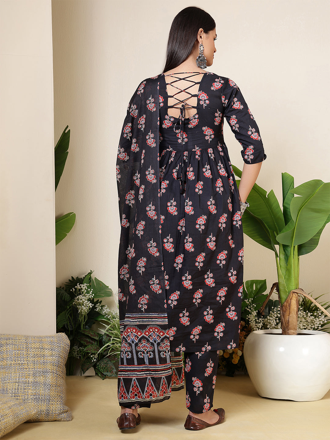 Black Printed Anarkali Kurta Set With Dupatta For Women | LASVINI - Redefining Indian Fashion with Elegance