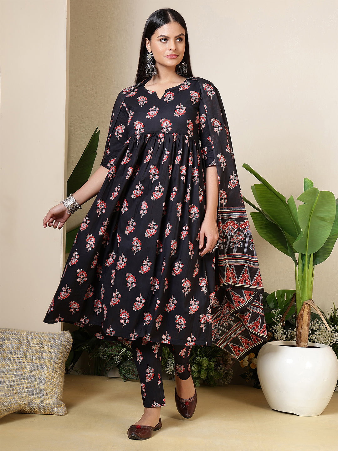 Black Printed Anarkali Kurta Set With Dupatta For Women | LASVINI - Redefining Indian Fashion with Elegance