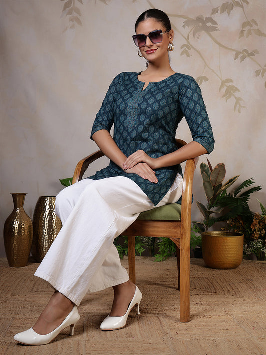 Women Teal Blue Printed Straight Tunic | LASVINI - Redefining Indian Fashion with Elegance