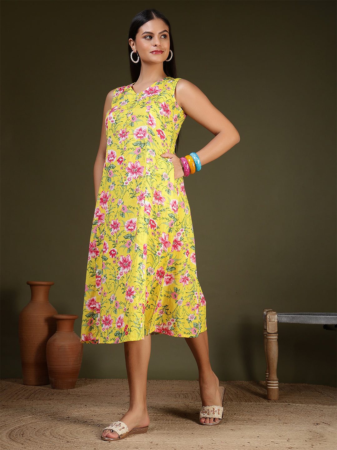 Yellow Printed Dress for Women | LASVINI - Redefining Indian Fashion with Elegance