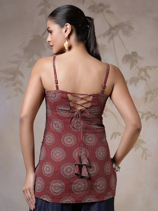 Women Maroon Printed Straight Tunic | LASVINI - Redefining Indian Fashion with Elegance
