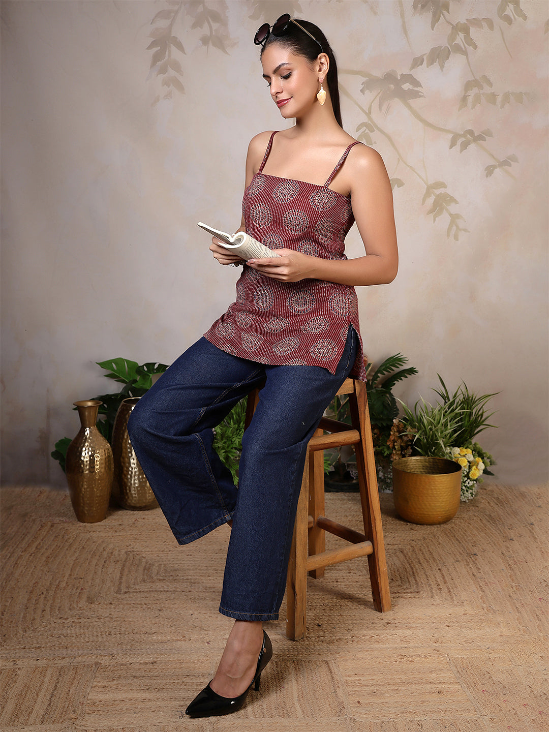 Women Maroon Printed Straight Tunic | LASVINI - Redefining Indian Fashion with Elegance