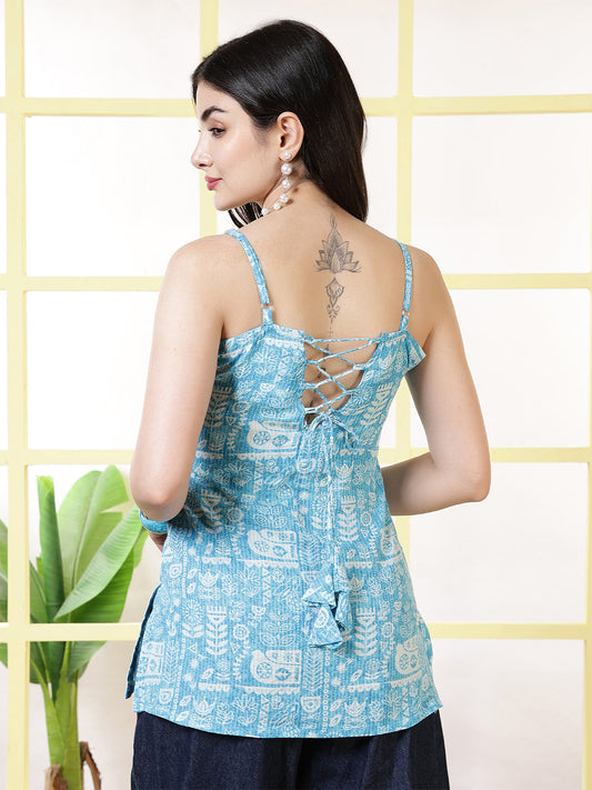 Women Blue Printed Straight Tunic | LASVINI - Redefining Indian Fashion with Elegance