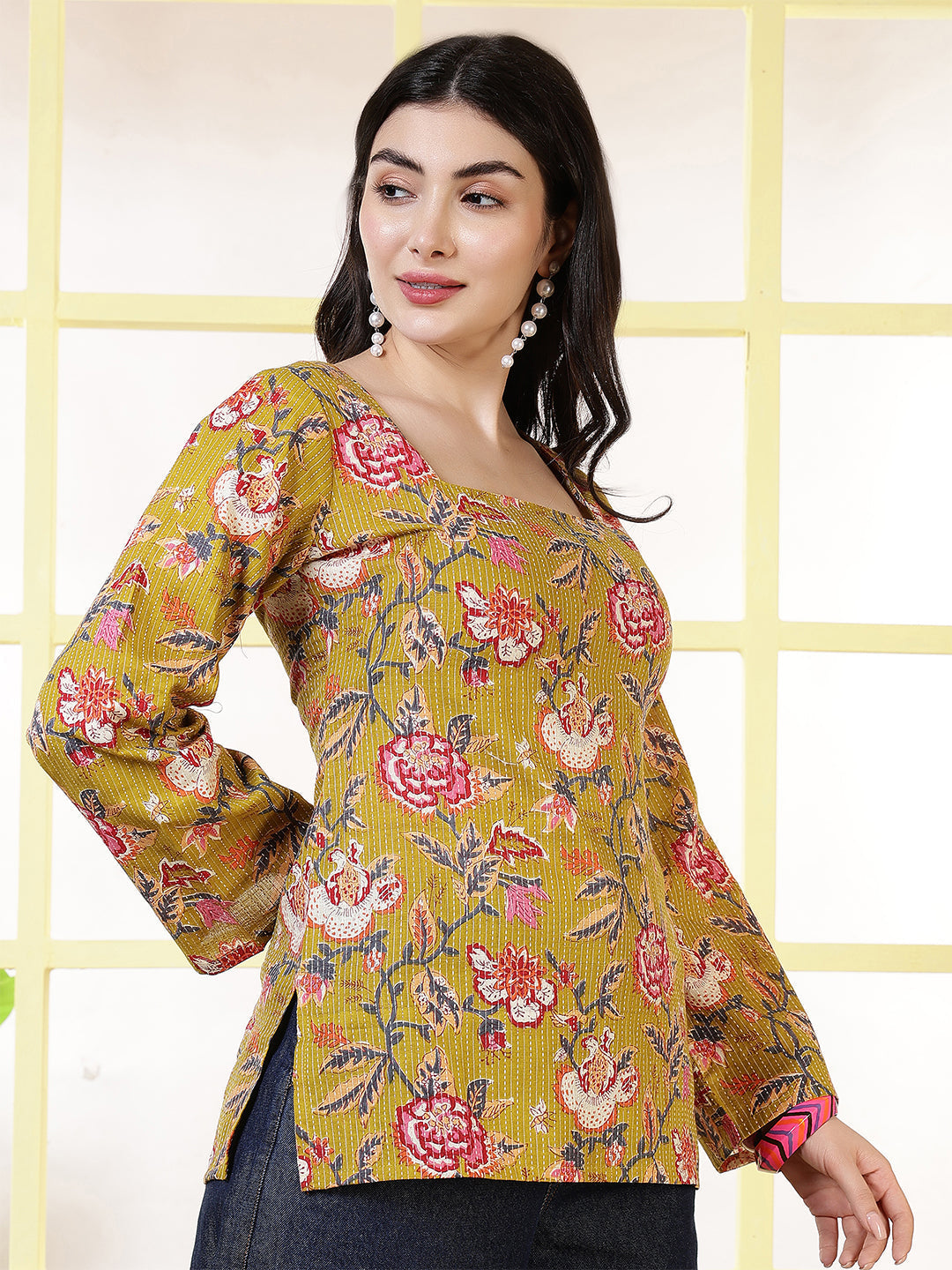Women Mustard Printed Straight Tunic | LASVINI - Redefining Indian Fashion with Elegance