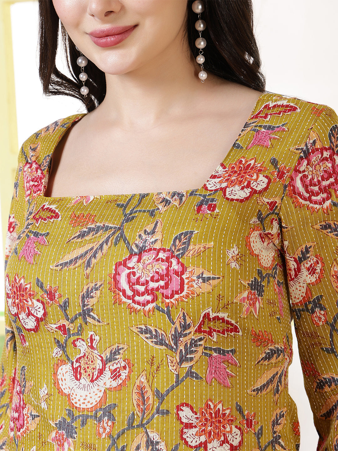 Women Mustard Printed Straight Tunic | LASVINI - Redefining Indian Fashion with Elegance