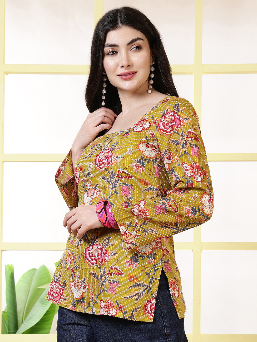 Women Mustard Printed Straight Tunic | LASVINI - Redefining Indian Fashion with Elegance