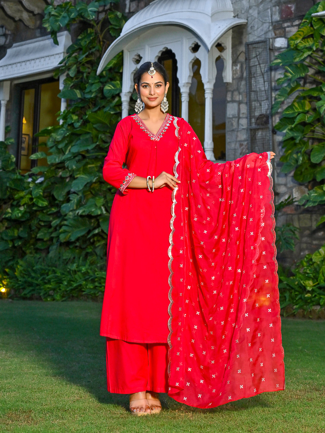 Magenta Pink Embroidered Kurta With Palazzo And Organza Dupatta | LASVINI - Redefining Indian Fashion with Elegance