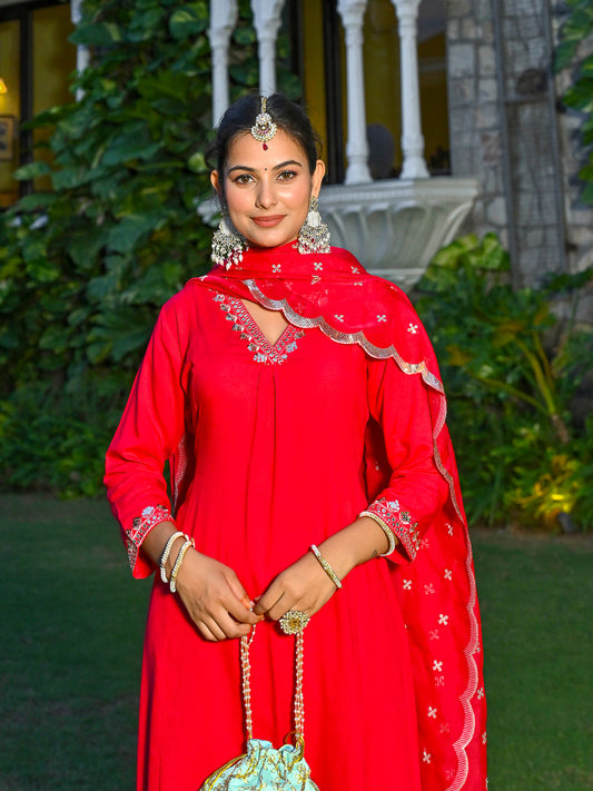 Magenta Pink Embroidered Kurta With Palazzo And Organza Dupatta | LASVINI - Redefining Indian Fashion with Elegance