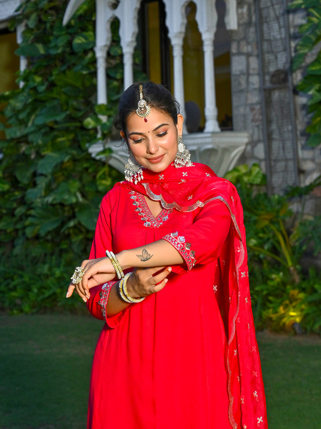 Magenta Pink Embroidered Kurta With Palazzo And Organza Dupatta | LASVINI - Redefining Indian Fashion with Elegance