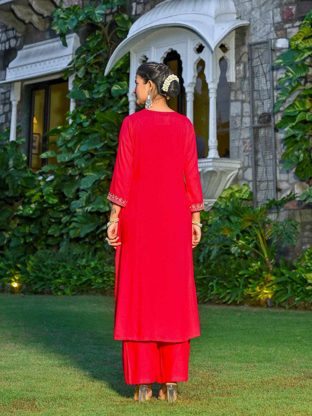 Magenta Pink Embroidered Kurta With Palazzo And Organza Dupatta | LASVINI - Redefining Indian Fashion with Elegance