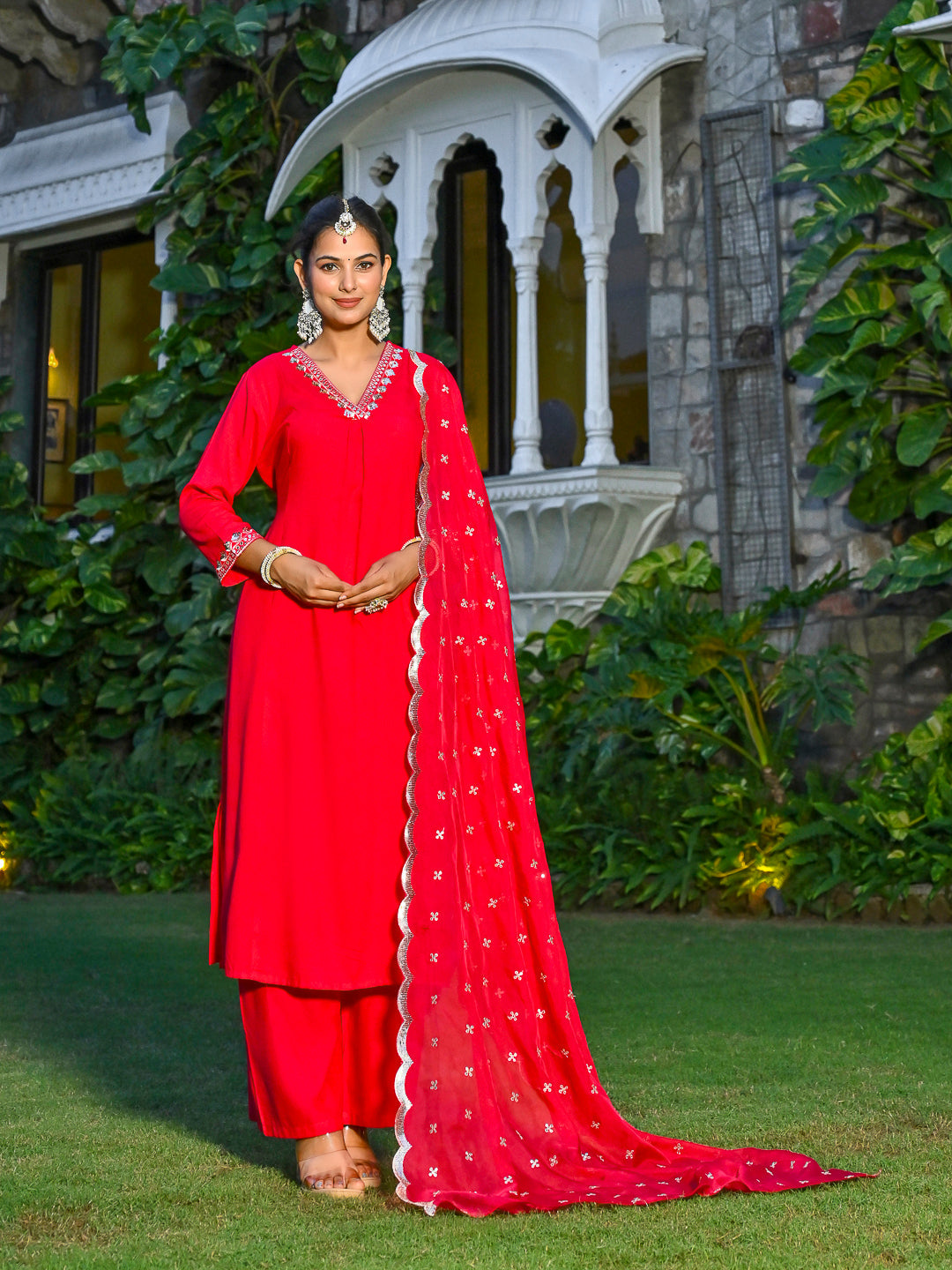 Magenta Pink Embroidered Kurta With Palazzo And Organza Dupatta | LASVINI - Redefining Indian Fashion with Elegance