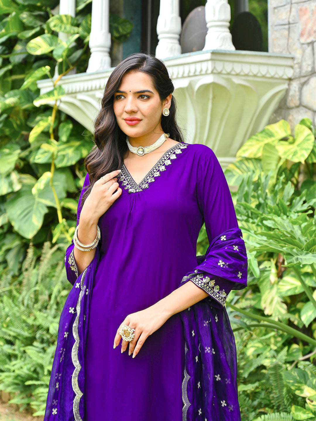 Purple Embroidered Kurta With Palazzo And Organza Dupatta | LASVINI - Redefining Indian Fashion with Elegance