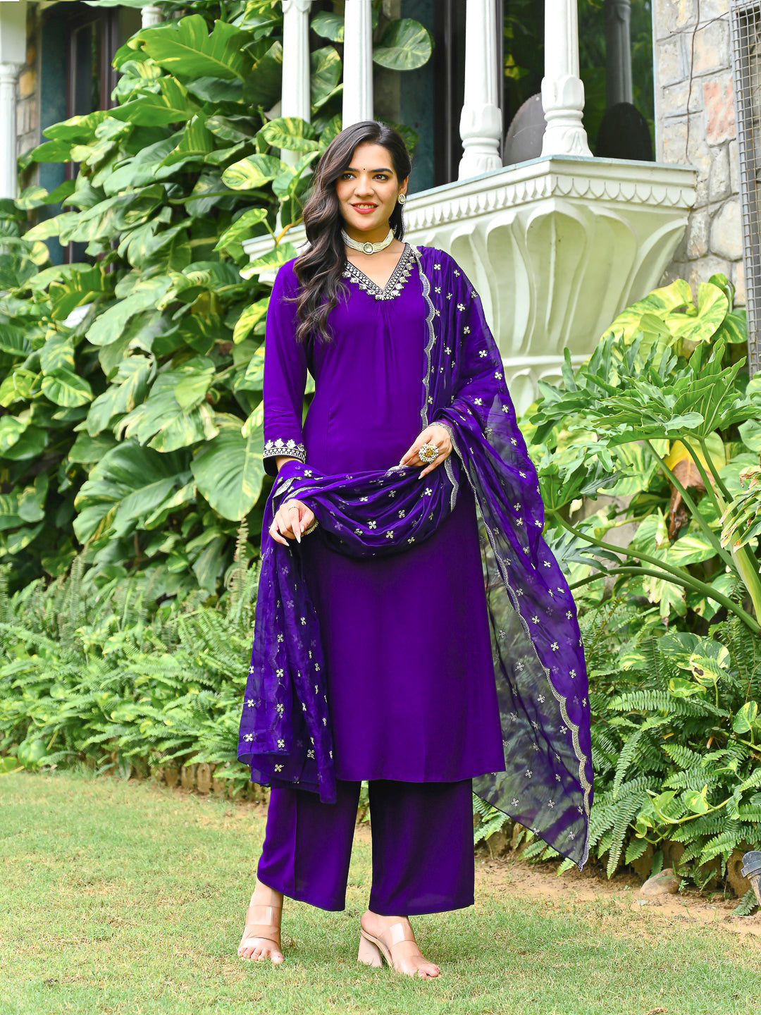 Purple Embroidered Kurta With Palazzo And Organza Dupatta | LASVINI - Redefining Indian Fashion with Elegance