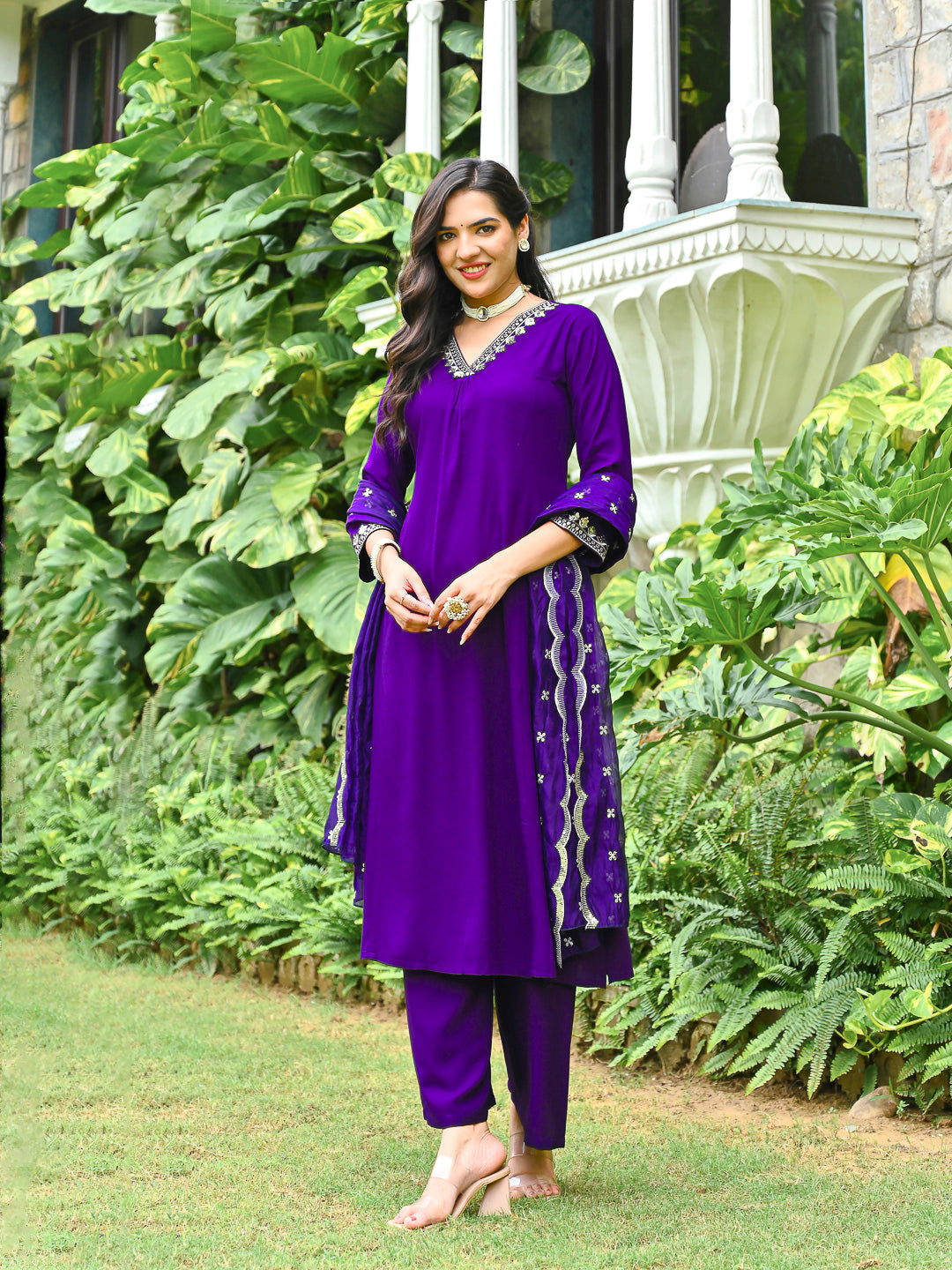 Purple Embroidered Kurta With Palazzo And Organza Dupatta | LASVINI - Redefining Indian Fashion with Elegance