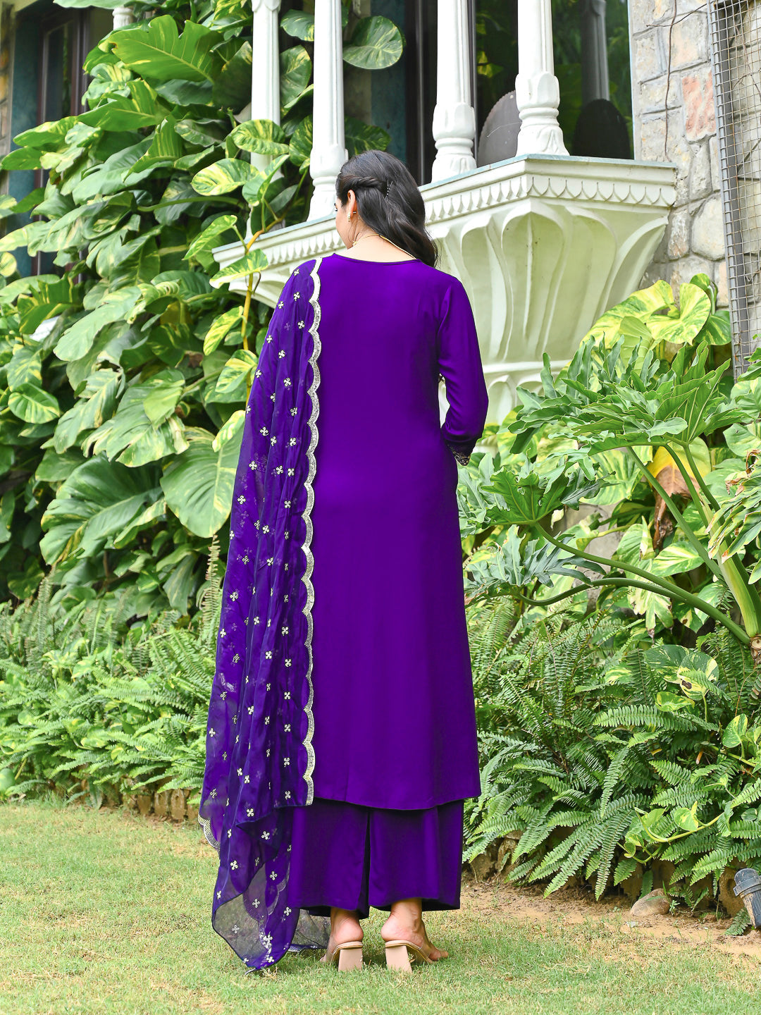 Purple Embroidered Kurta With Palazzo And Organza Dupatta | LASVINI - Redefining Indian Fashion with Elegance