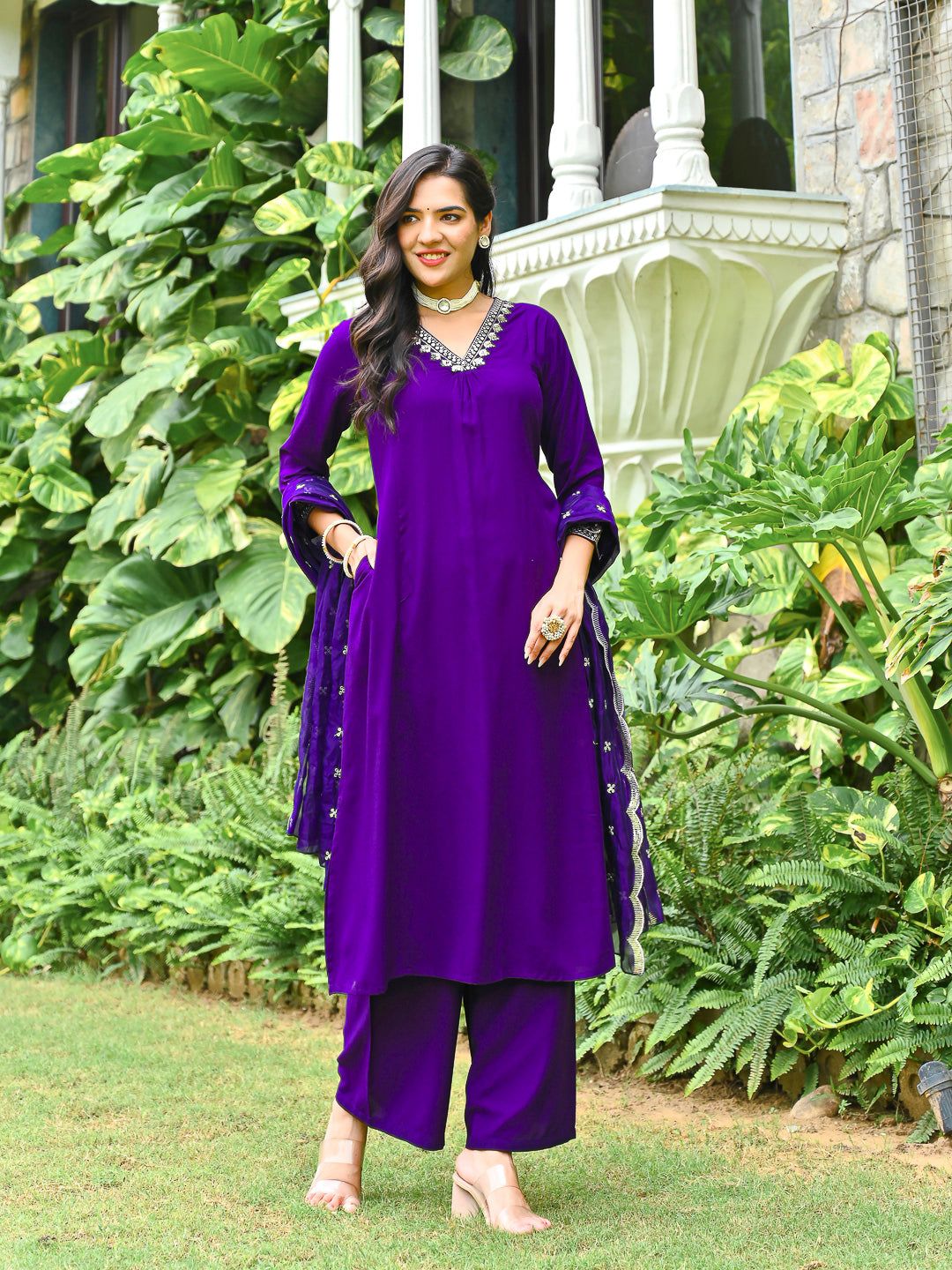 Purple Embroidered Kurta With Palazzo And Organza Dupatta | LASVINI - Redefining Indian Fashion with Elegance