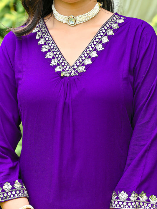 Purple Embroidered Kurta With Palazzo And Organza Dupatta | LASVINI - Redefining Indian Fashion with Elegance