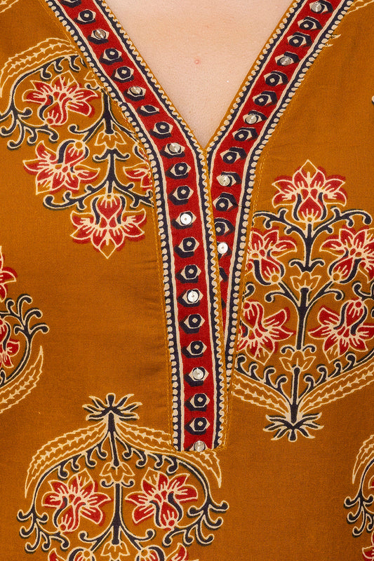 Mustard Printed Straight Kurta with Three Quarter Sleeves | LASVINI - Redefining Indian Fashion with Elegance