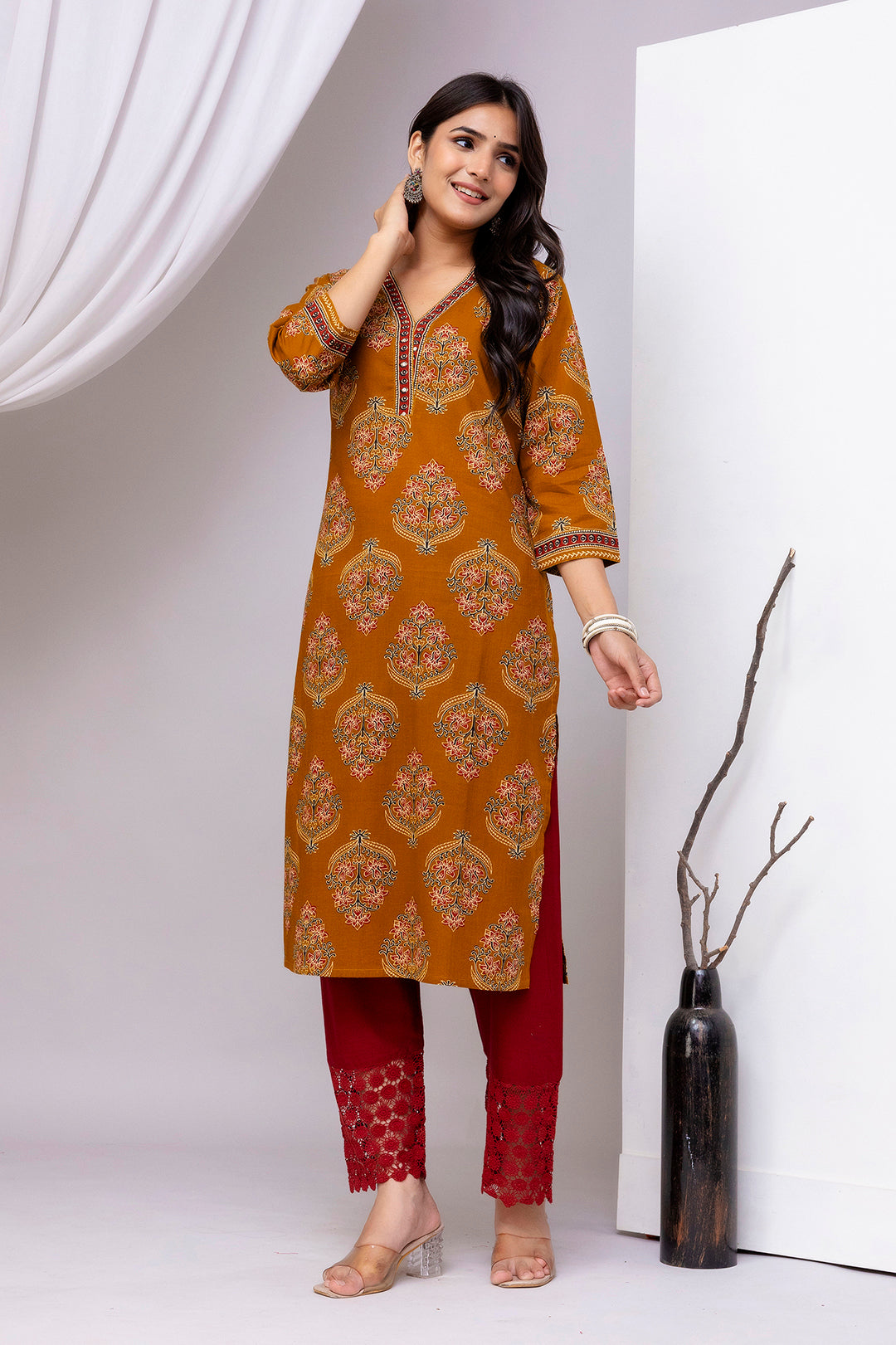 Mustard Printed Straight Kurta with Three Quarter Sleeves | LASVINI - Redefining Indian Fashion with Elegance