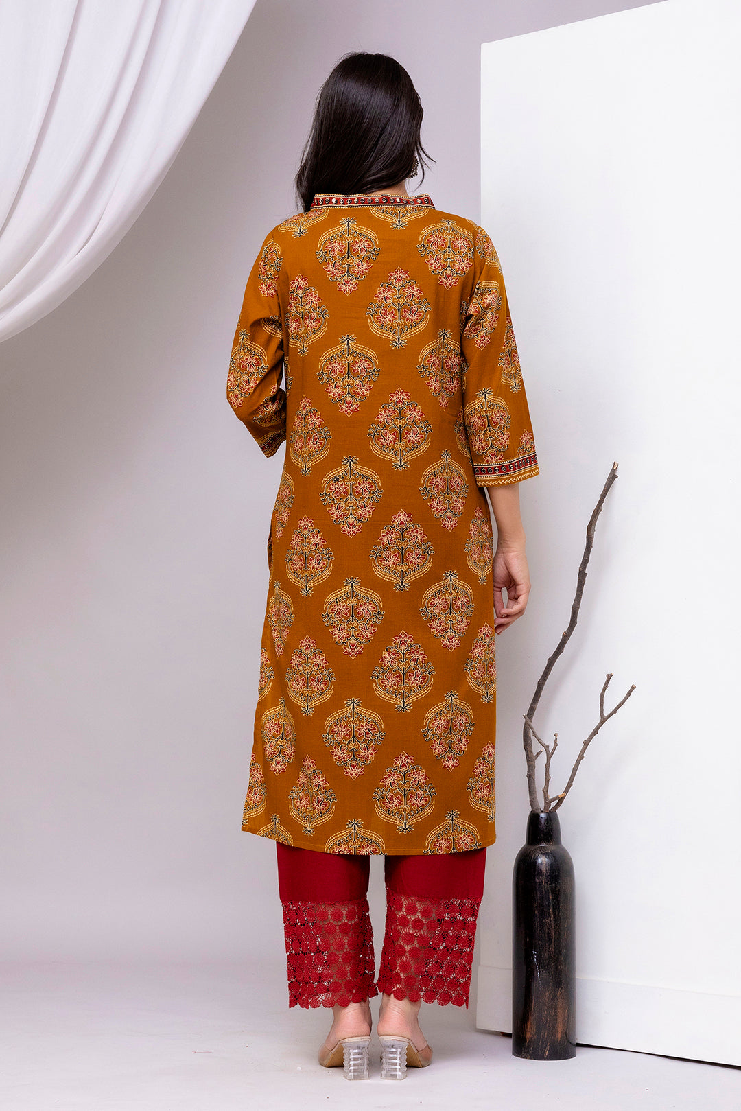 Mustard Printed Straight Kurta with Three Quarter Sleeves | LASVINI - Redefining Indian Fashion with Elegance