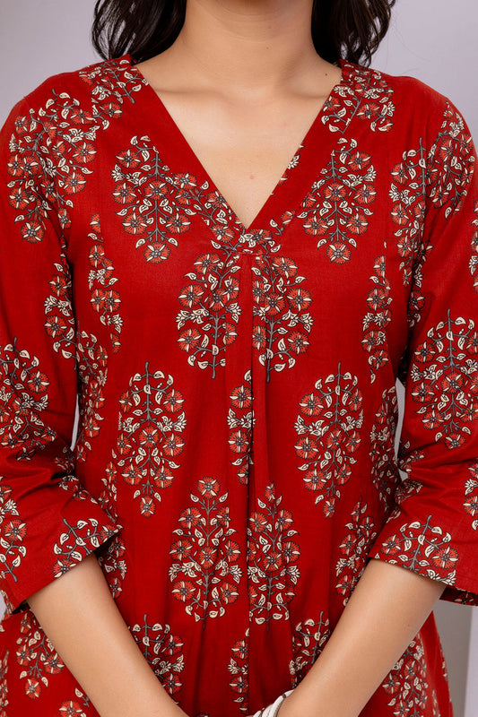 Maroon Printed Straight Kurta with Three Quarter Sleeves | LASVINI - Redefining Indian Fashion with Elegance