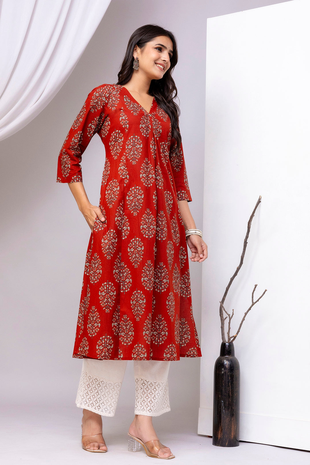 Maroon Printed Straight Kurta with Three Quarter Sleeves | LASVINI - Redefining Indian Fashion with Elegance