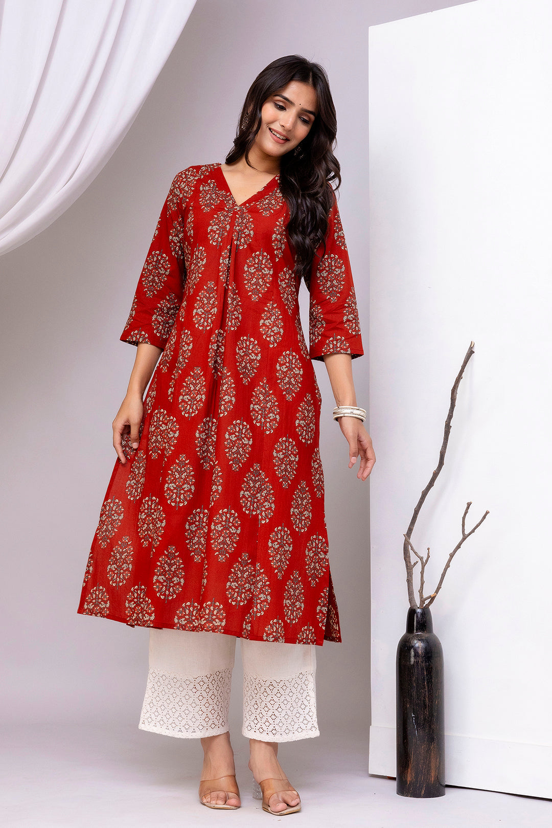 Maroon Printed Straight Kurta with Three Quarter Sleeves | LASVINI - Redefining Indian Fashion with Elegance