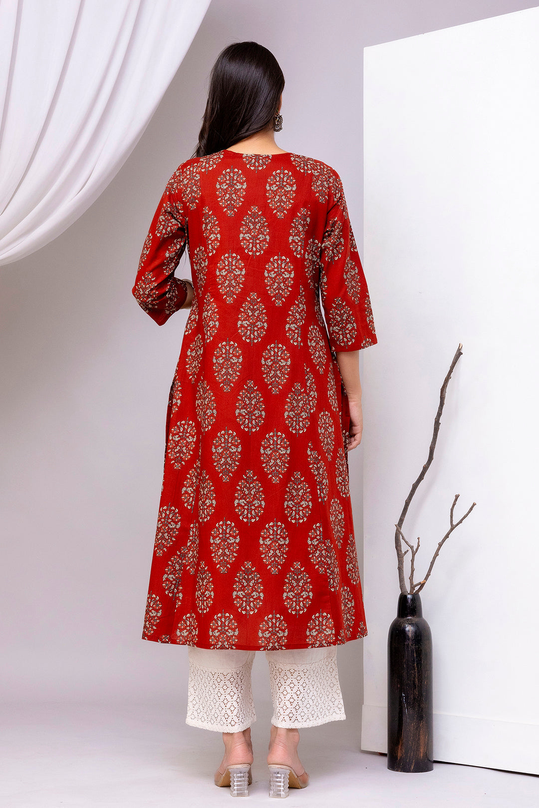 Maroon Printed Straight Kurta with Three Quarter Sleeves | LASVINI - Redefining Indian Fashion with Elegance