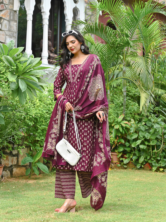 Wine Printed Straight Kurta & Palazzo With Dupatta for Women | LASVINI - Redefining Indian Fashion with Elegance