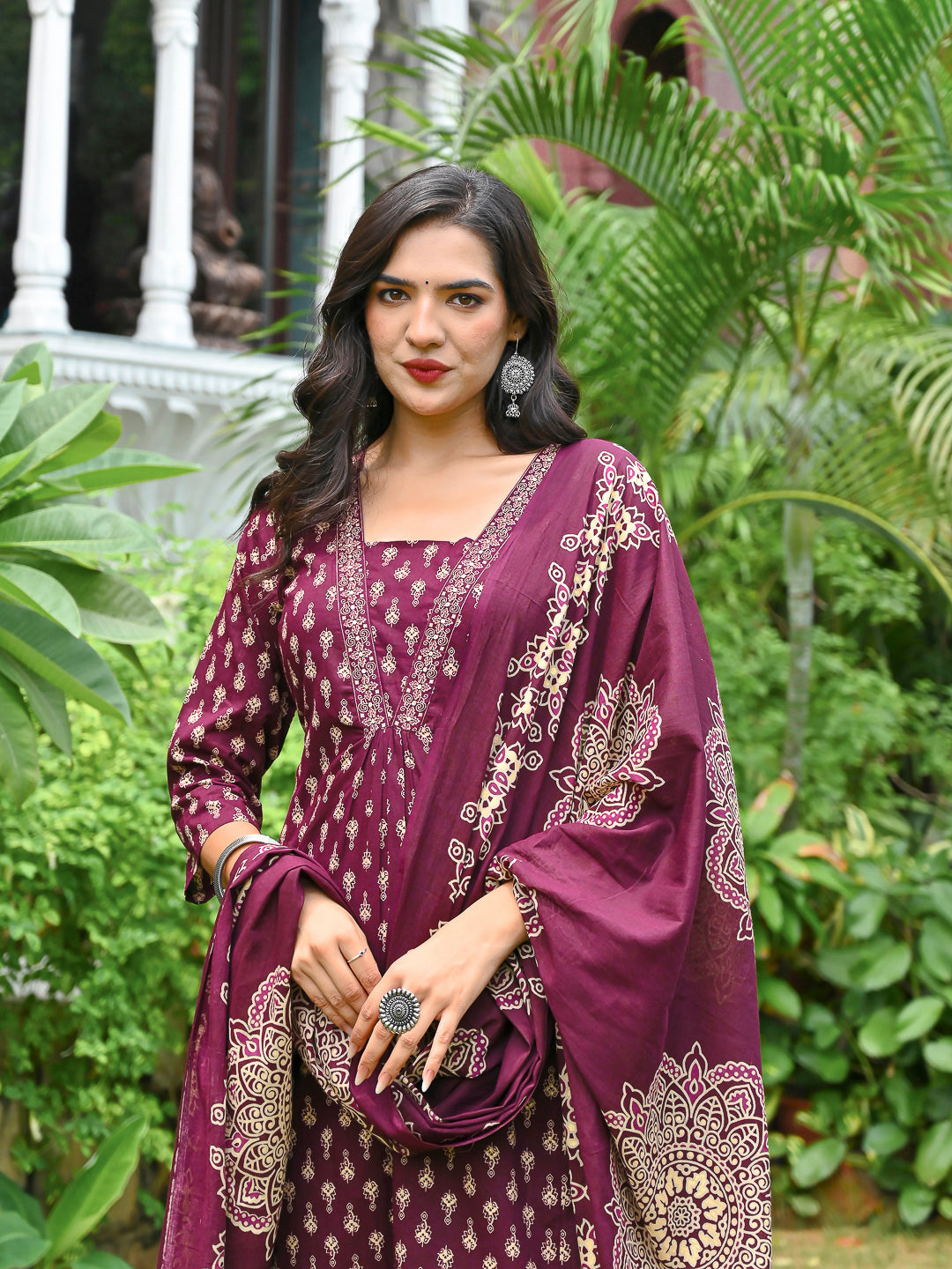 Wine Printed Straight Kurta & Palazzo With Dupatta for Women | LASVINI - Redefining Indian Fashion with Elegance