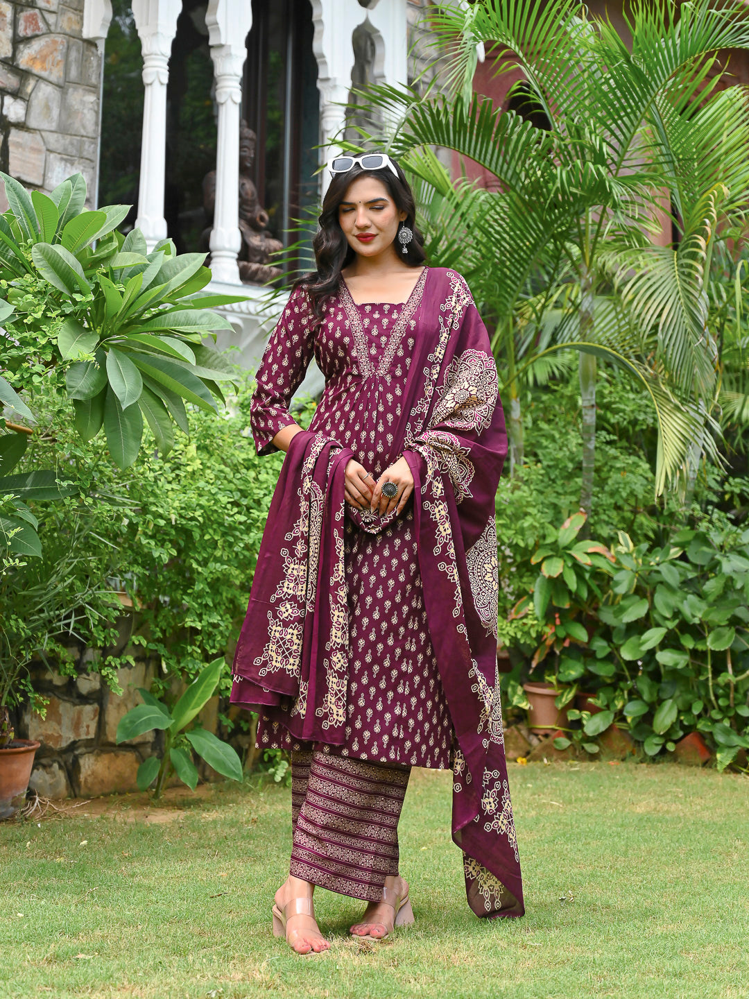 Wine Printed Straight Kurta & Palazzo With Dupatta for Women | LASVINI - Redefining Indian Fashion with Elegance