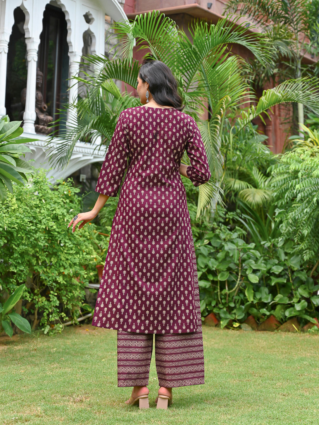 Wine Printed Straight Kurta & Palazzo With Dupatta for Women | LASVINI - Redefining Indian Fashion with Elegance