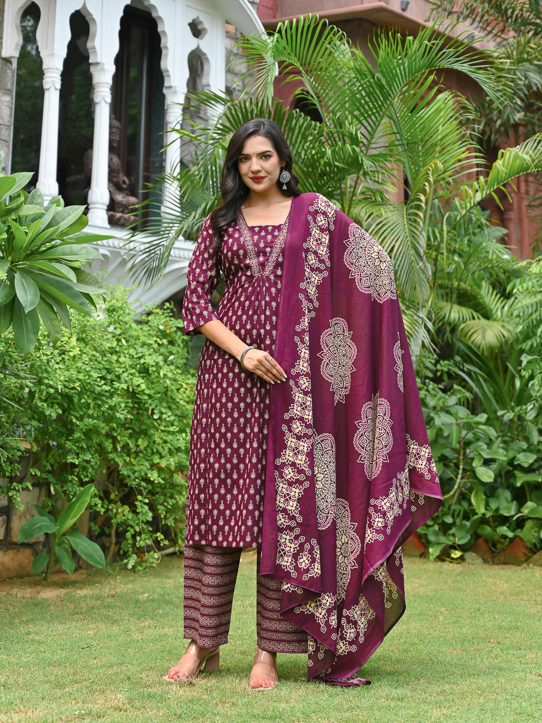 Wine Printed Straight Kurta & Palazzo With Dupatta for Women | LASVINI - Redefining Indian Fashion with Elegance