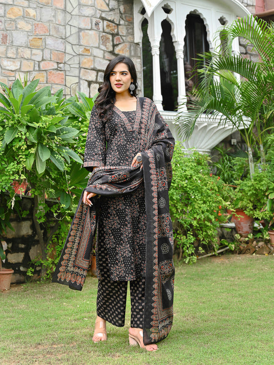 Black Printed Straight Kurta & Palazzo With Dupatta for Women | LASVINI - Redefining Indian Fashion with Elegance
