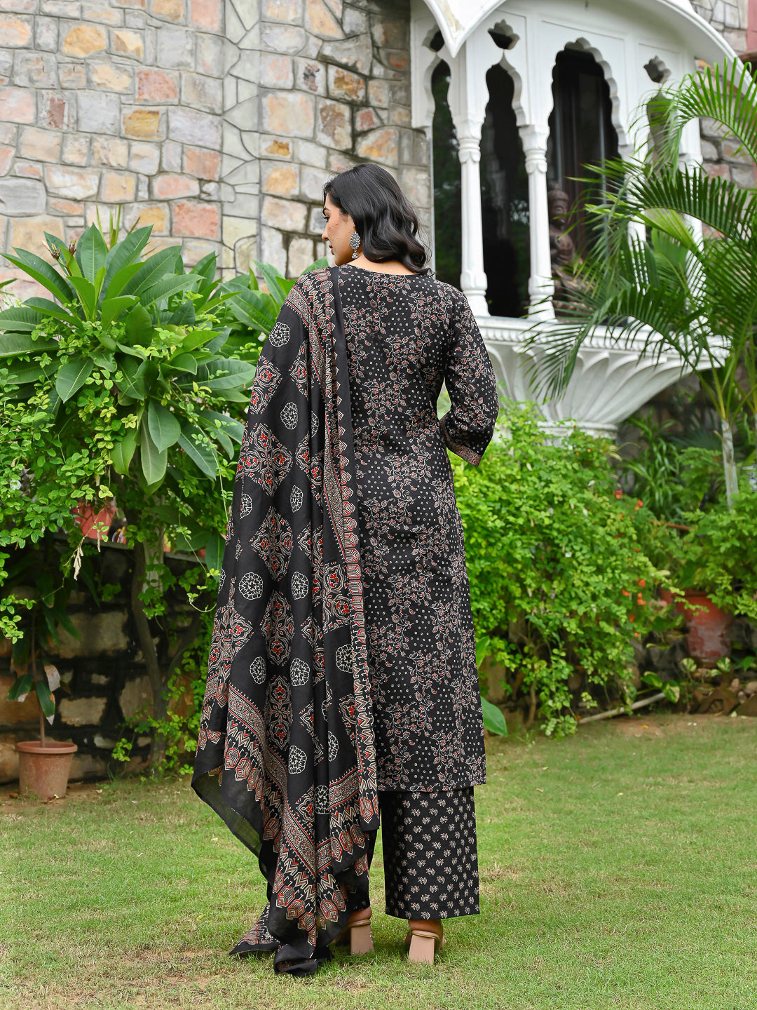 Black Printed Straight Kurta & Palazzo With Dupatta for Women | LASVINI - Redefining Indian Fashion with Elegance