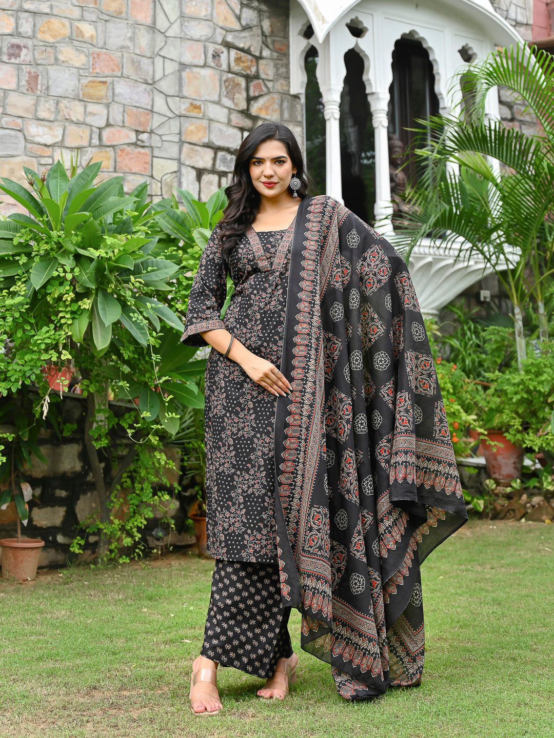 Black Printed Straight Kurta & Palazzo With Dupatta for Women | LASVINI - Redefining Indian Fashion with Elegance