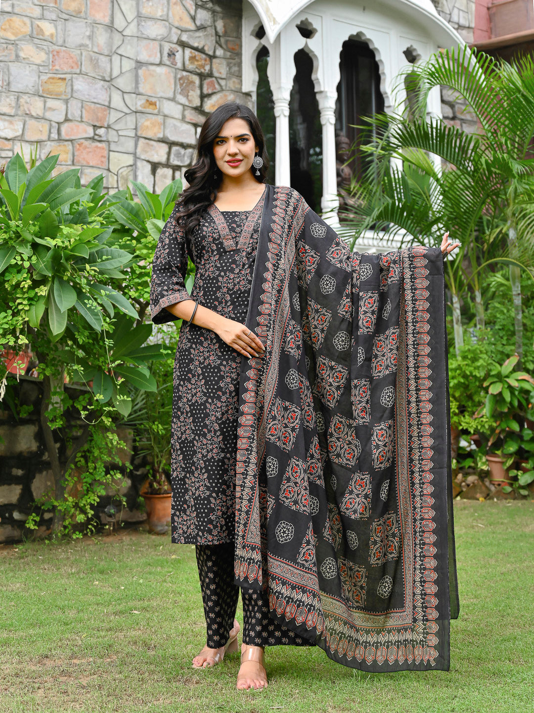 Black Printed Straight Kurta & Palazzo With Dupatta for Women | LASVINI - Redefining Indian Fashion with Elegance