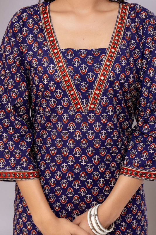Blue Printed Straight Kurta with Three Quarter Sleeves | LASVINI - Redefining Indian Fashion with Elegance