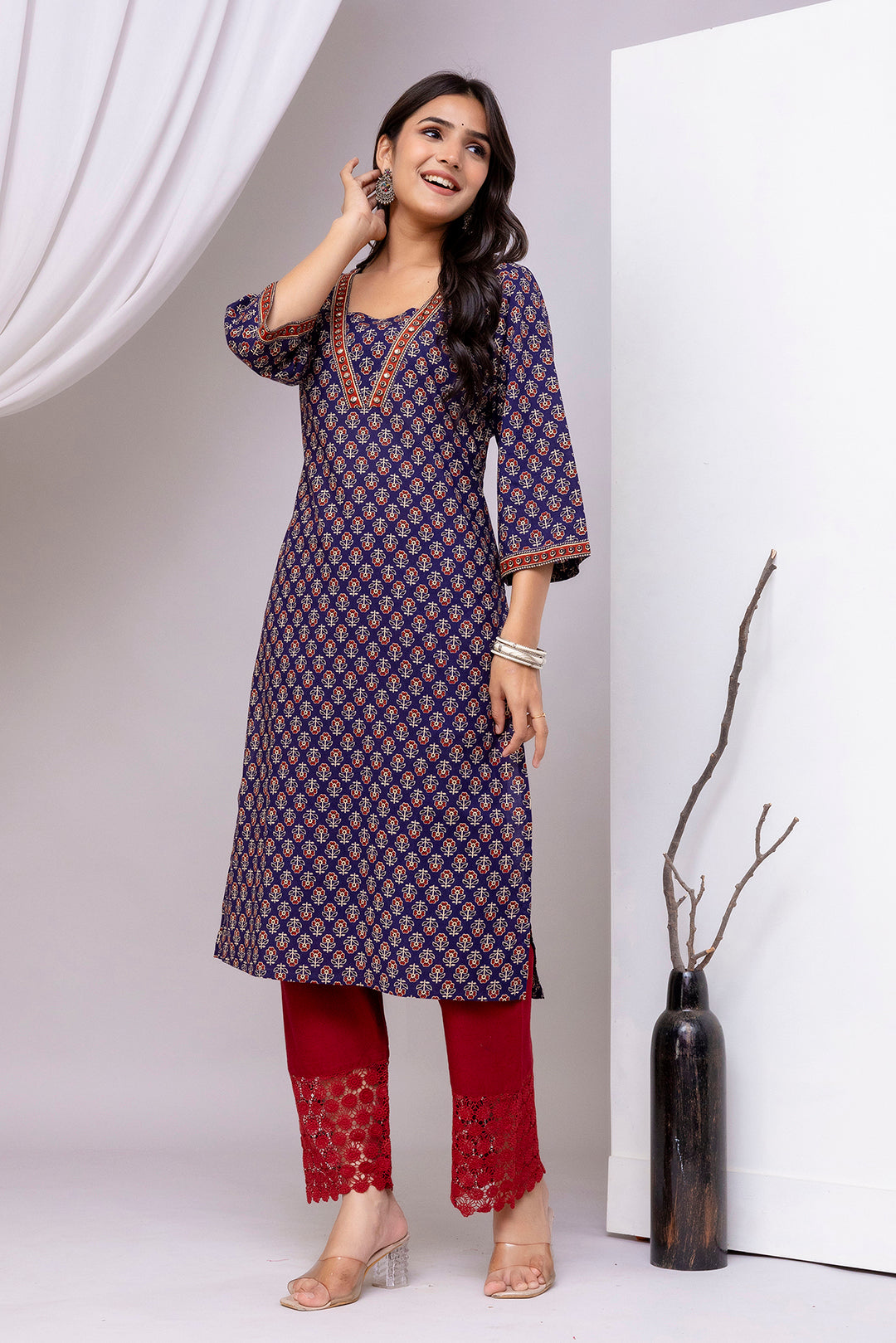 Blue Printed Straight Kurta with Three Quarter Sleeves | LASVINI - Redefining Indian Fashion with Elegance
