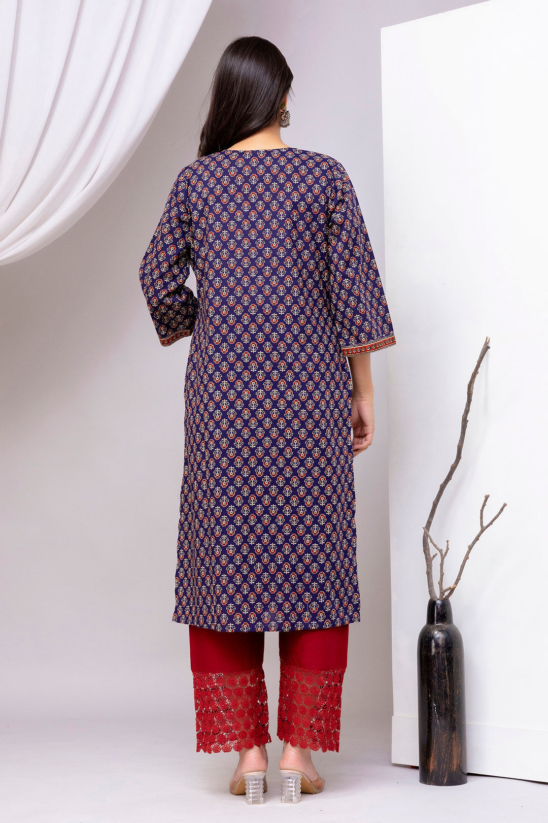 Blue Printed Straight Kurta with Three Quarter Sleeves | LASVINI - Redefining Indian Fashion with Elegance
