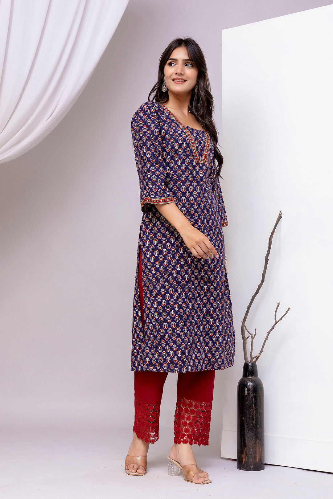 Blue Printed Straight Kurta with Three Quarter Sleeves | LASVINI - Redefining Indian Fashion with Elegance