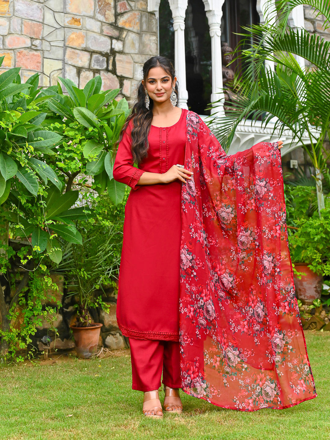 Maroon Solid Straight Kurta Set With Printed Dupatta for Women | LASVINI - Redefining Indian Fashion with Elegance
