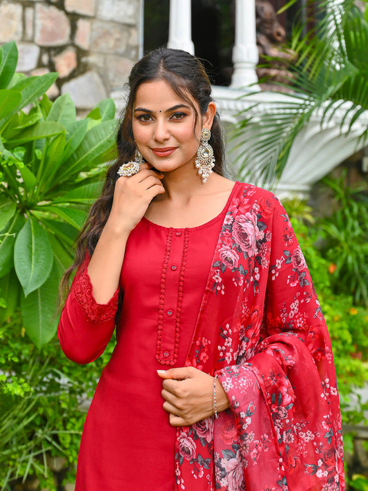 Maroon Solid Straight Kurta Set With Printed Dupatta for Women | LASVINI - Redefining Indian Fashion with Elegance